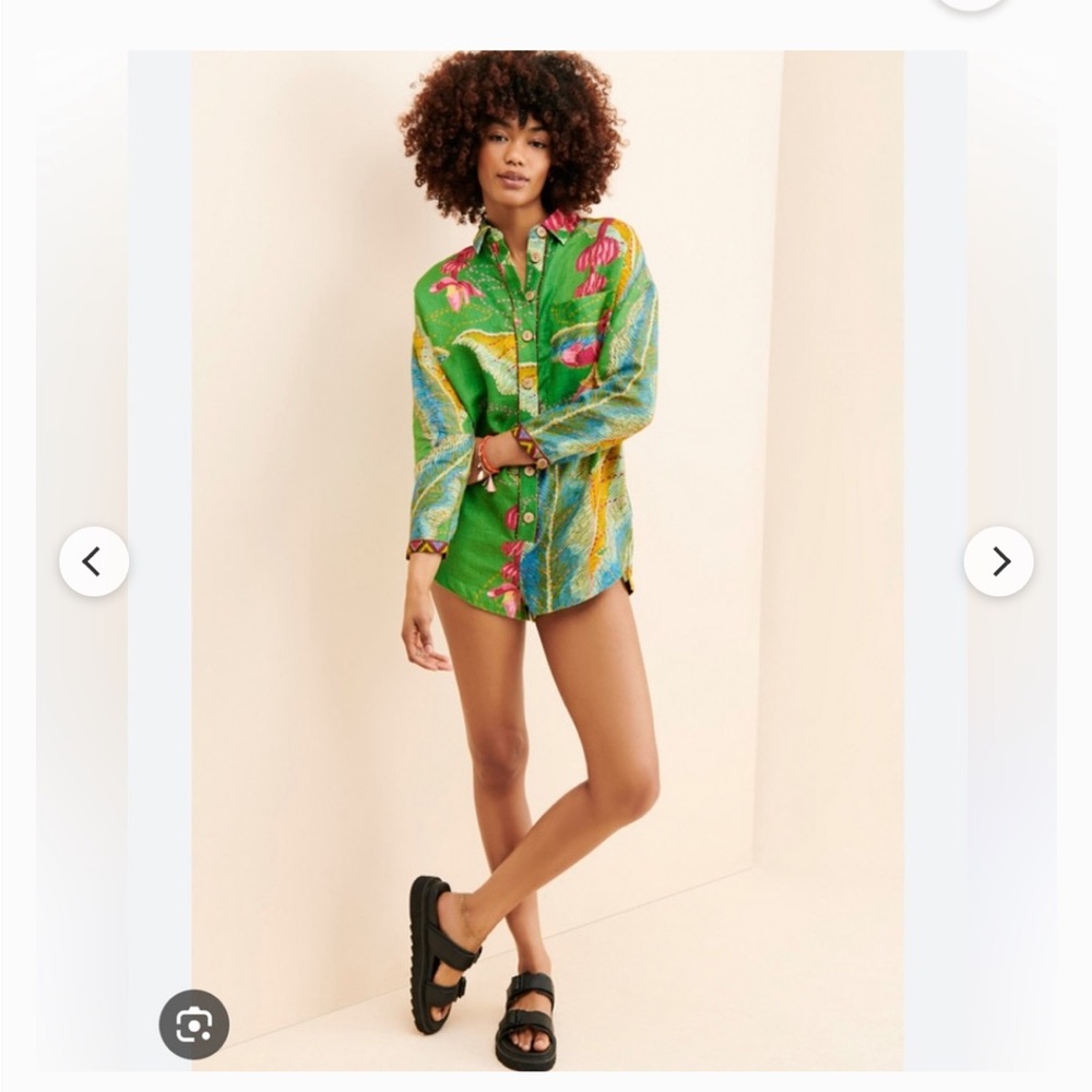 FARM Rio Linen Banana Leaf Vibrant Green Tropical Button-Up Romper Size M NWT